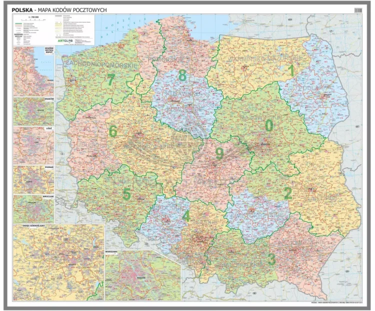 Polska 1:700 000. Mapa administracyjno-drogowa. Kody pocztowe. Wersja do wpinania