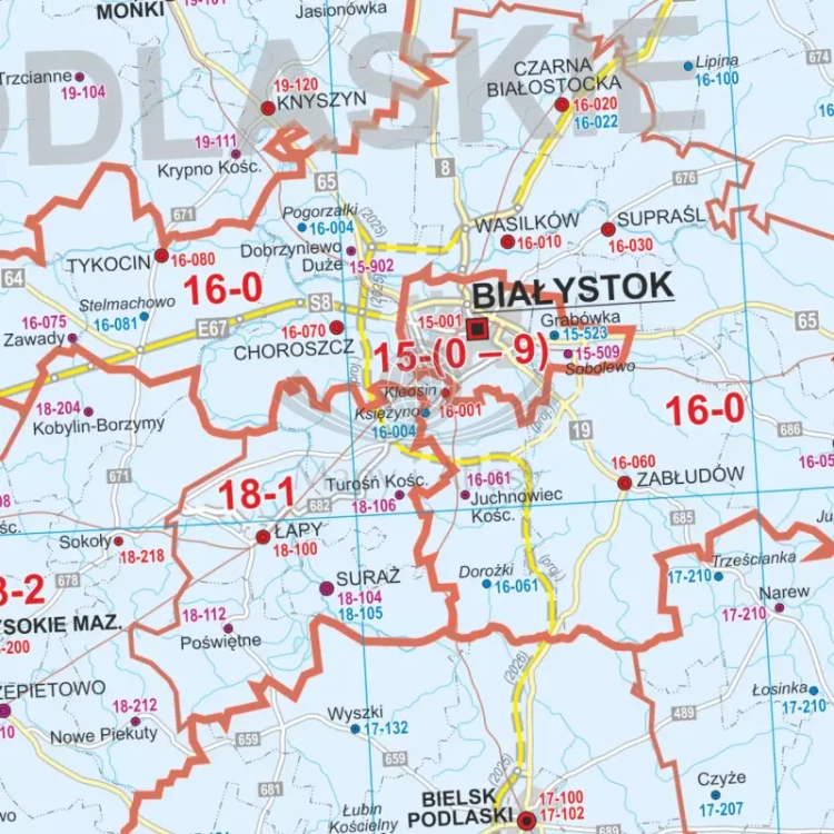 Polska 1:700 000. Mapa administracyjno-drogowa. Kody pocztowe. Wersja do wpinania. Fragment 2