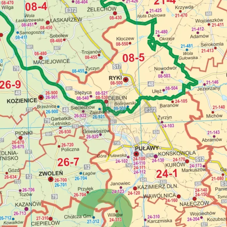 Polska 1:700 000. Mapa administracyjno-drogowa. Kody pocztowe. Wersja do wpinania. Fragment 3