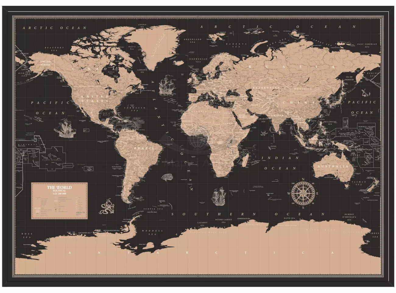 The World / Świat 1:21 200 000. Mapa polityczna do wpinania - wersja Black. Język angielski
