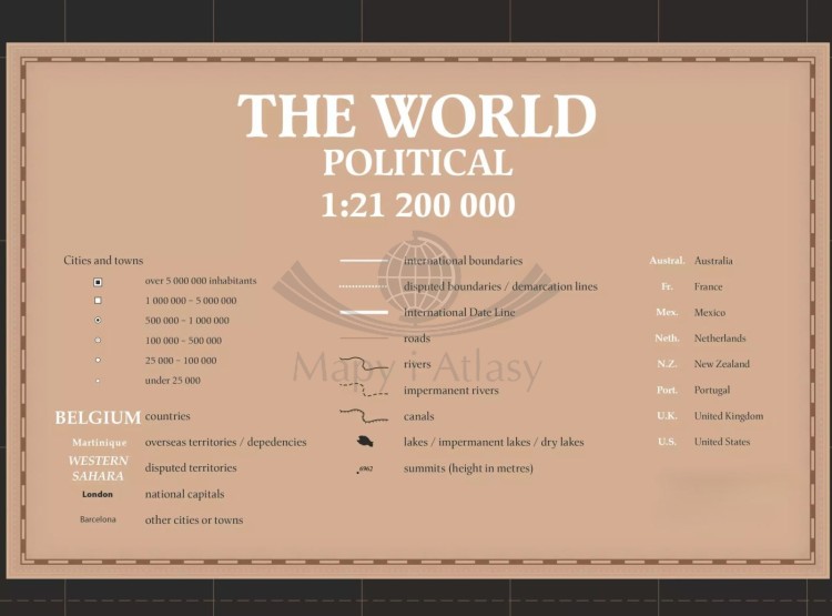 The World / Świat 1:21 200 000. Mapa polityczna do wpinania - wersja Black. Język angielski. Legenda