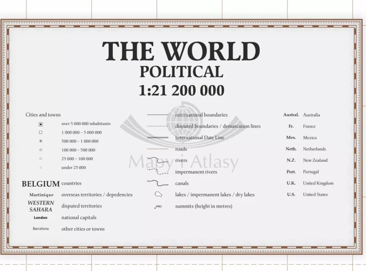 The World / Świat 1:21 200 000. Mapa polityczna do wpinania - wersja Sand. Język angielski. Legenda