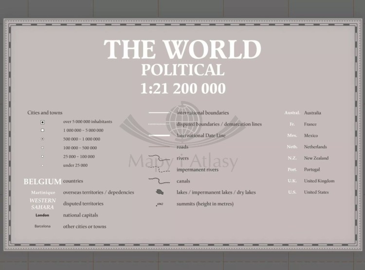 The World / Świat 1:21 200 000. Mapa polityczna do wpinania - wersja Grey. Język angielski. Legenda