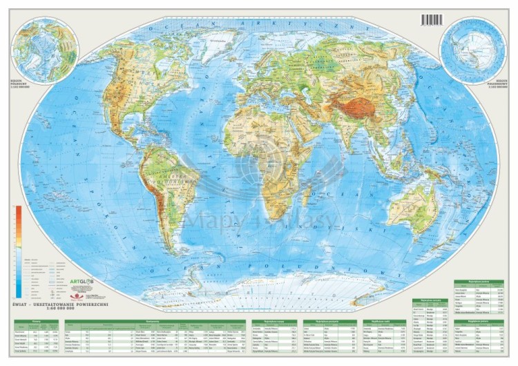 Świat 1:60 000 000. Laminowana, dwustronna podkładka / mapa podręczna. Fizyczna/polityczna. Strona fizyczna