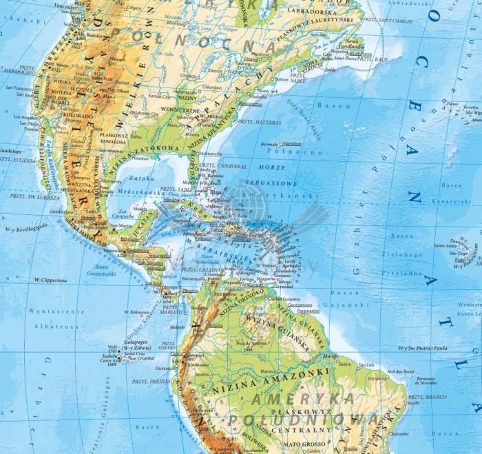Świat 1:60 000 000. Laminowana, dwustronna podkładka / mapa podręczna. Fizyczna/polityczna. Strona fizyczna - fragment 1