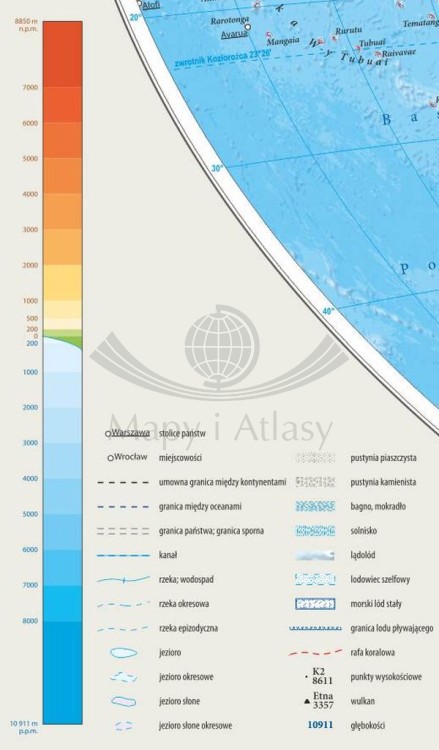 Świat 1:60 000 000. Laminowana, dwustronna podkładka / mapa podręczna. Fizyczna/polityczna. Strona fizyczna - legenda