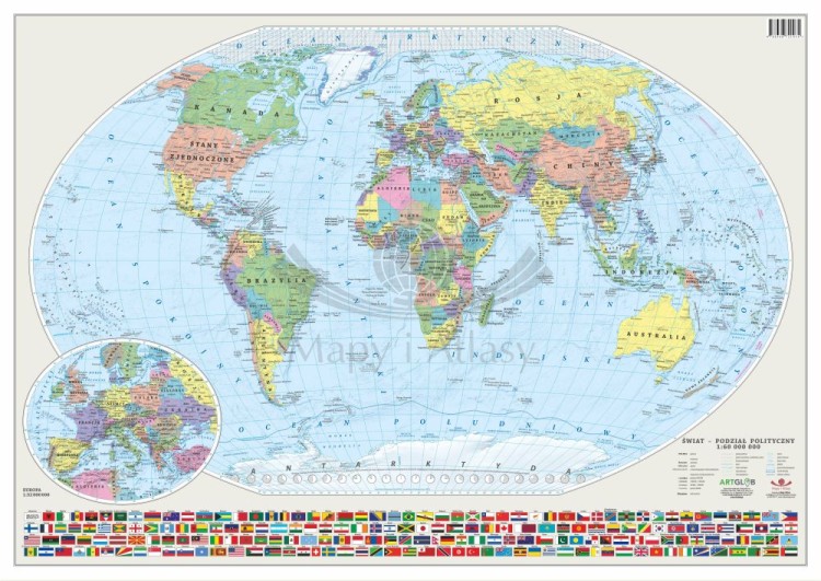 Świat 1:60 000 000. Laminowana, dwustronna podkładka / mapa podręczna. Fizyczna/polityczna. Strona polityczna