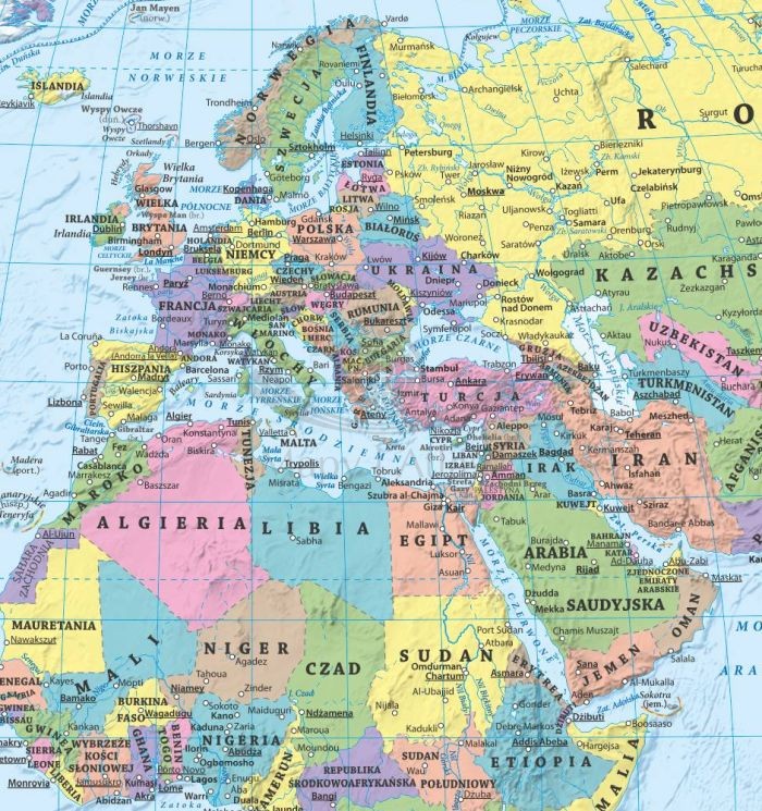 Świat 1:60 000 000. Laminowana, dwustronna podkładka / mapa podręczna. Fizyczna/polityczna. Strona polityczna - fragment 1