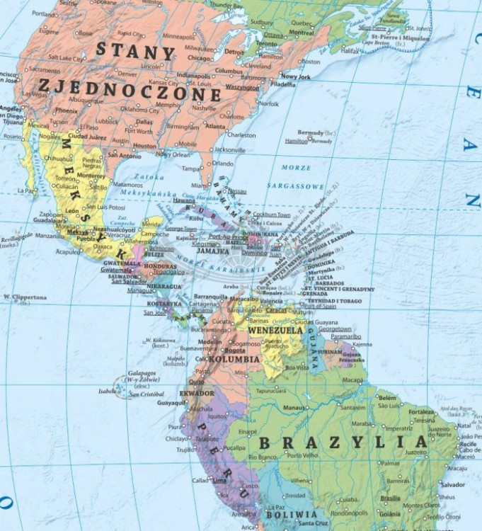 Świat 1:60 000 000. Laminowana, dwustronna podkładka / mapa podręczna. Fizyczna/polityczna. Strona polityczna - fragment 2