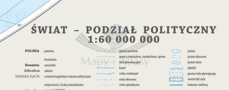 Świat 1:60 000 000. Laminowana, dwustronna podkładka / mapa podręczna. Fizyczna/polityczna. Strona polityczna - legenda