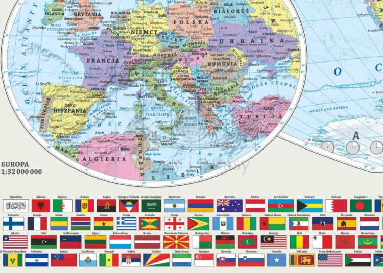 Świat 1:60 000 000. Laminowana, dwustronna podkładka / mapa podręczna. Fizyczna/polityczna. Strona polityczna - informacje dodatkowe