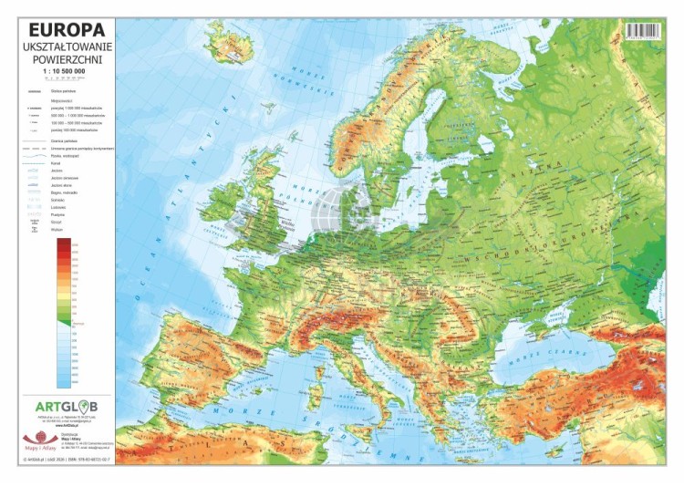 Europa 1:10 500 000. Laminowana, dwustronna podkładka / mapa podręczna. Fizyczna/polityczna. Strona fizyczna