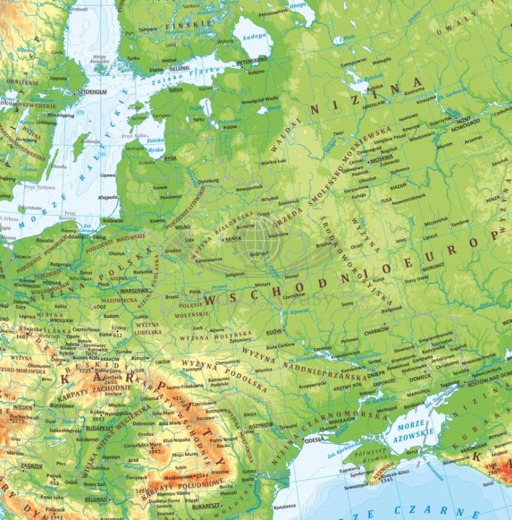 Europa 1:10 500 000. Laminowana, dwustronna podkładka / mapa podręczna. Fizyczna/polityczna. Strona fizyczna - fragment 2