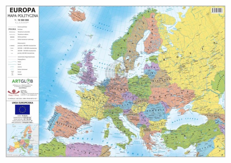 Europa 1:10 500 000. Laminowana, dwustronna podkładka / mapa podręczna. Fizyczna/polityczna. Strona polityczna