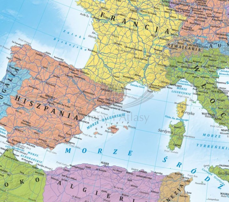 Europa 1:10 500 000. Laminowana, dwustronna podkładka / mapa podręczna. Fizyczna/polityczna. Strona polityczna - fragment 2