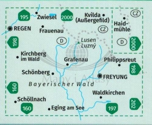 Mittlerer Bayerischer Wald / Las Bawarski cz. środkowa. Wodoodporna mapa turystyczna 196 wydawnictwa Kompass. Zasięg