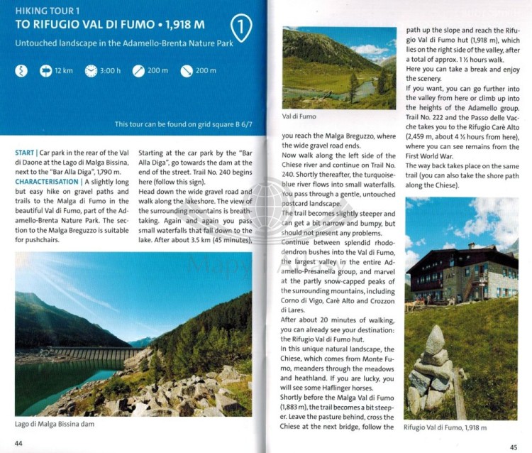 Adamello, La Presanella. Wodoodporna mapa turystyczna 71 wydawnictwa Kompass. Miniprzewodnik - przykładowe strony