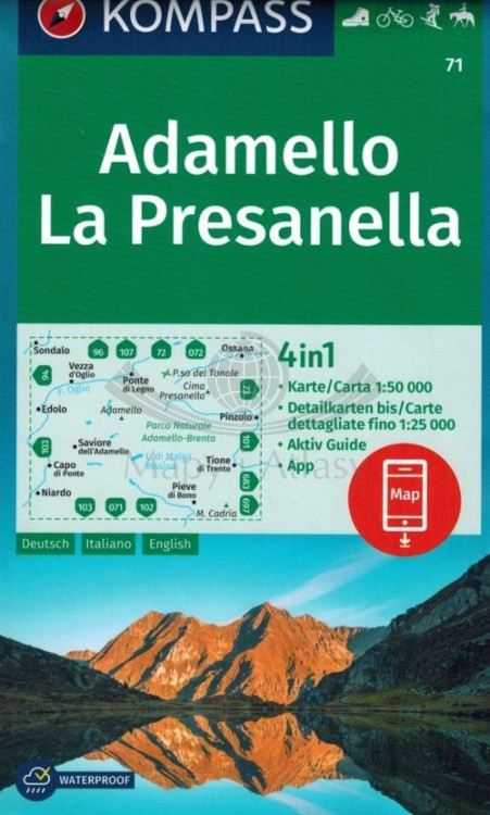 Adamello, La Presanella. Wodoodporna mapa turystyczna 71 wydawnictwa Kompass. Okładka