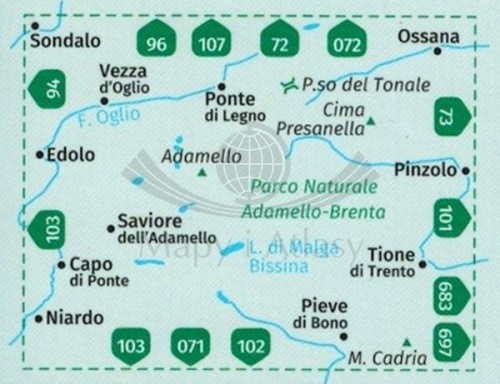 Adamello, La Presanella. Wodoodporna mapa turystyczna 71 wydawnictwa Kompass. Zasięg