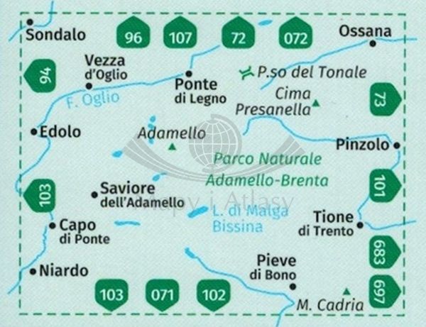 Adamello, La Presanella. Wodoodporna mapa turystyczna 71 wydawnictwa Kompass. Zasięg