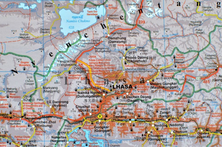Tybet. Mapa ścienna fizyczno-drogowa. Fragment 1