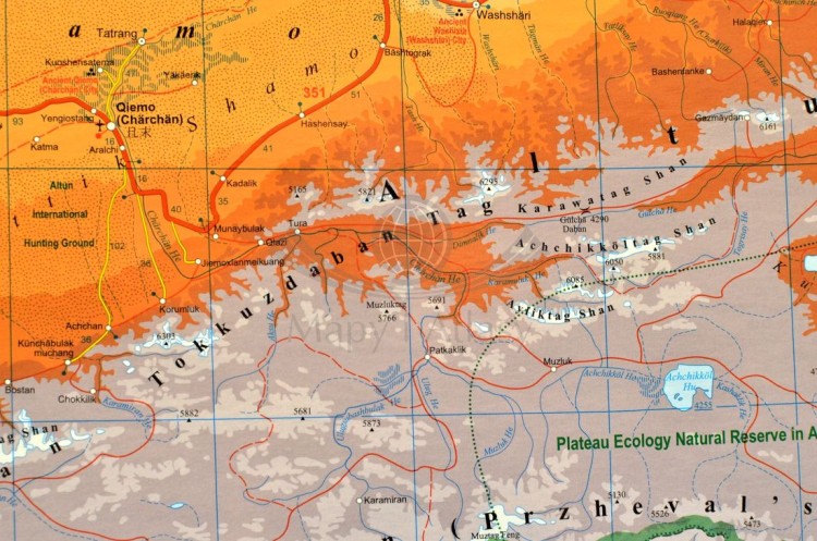 Tybet. Mapa ścienna fizyczno-drogowa. Fragment 4