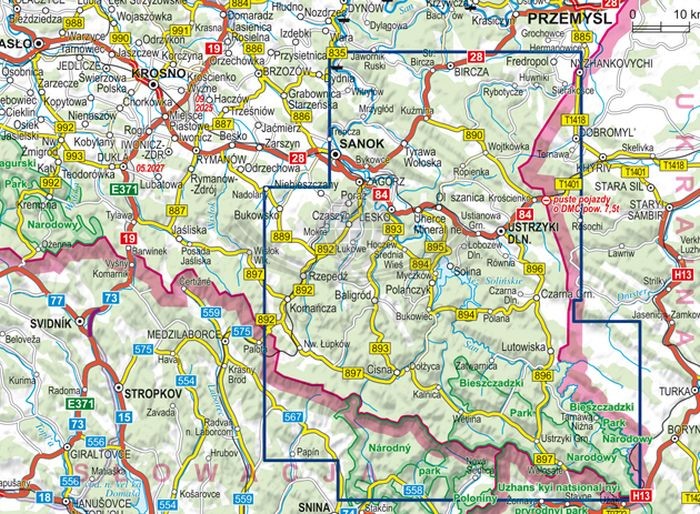 Bieszczady i Góry Sanocko-Turczańskie 1:65 000. Mapa turystyczna wydawnictwa ExpressMap. Zasięg