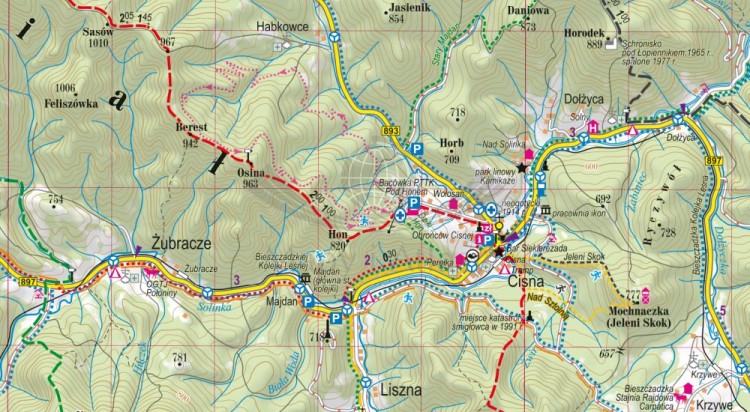 Bieszczady i Góry Sanocko-Turczańskie 1:65 000. Foliowana mapa turystyczna wydawnictwa ExpressMap. Fragment