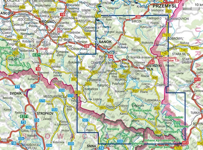 Bieszczady i Góry Sanocko-Turczańskie 1:65 000. Foliowana mapa turystyczna wydawnictwa ExpressMap. Zasięg