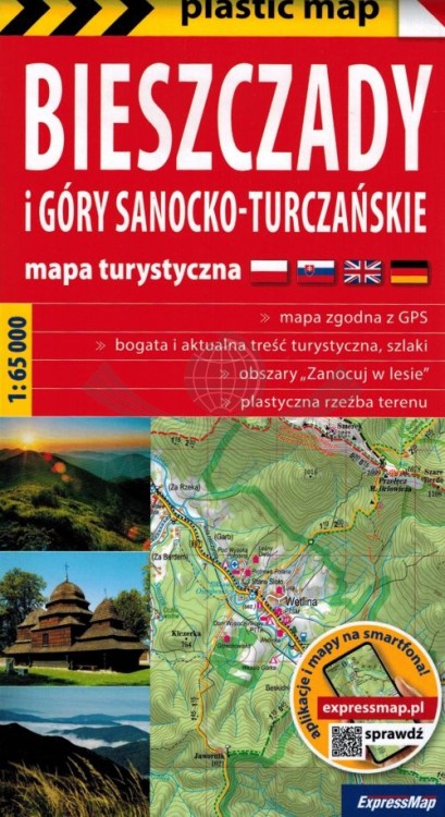 Bieszczady i Góry Sanocko-Turczańskie 1:65 000. Foliowana mapa turystyczna wydawnictwa ExpressMap. Okładka