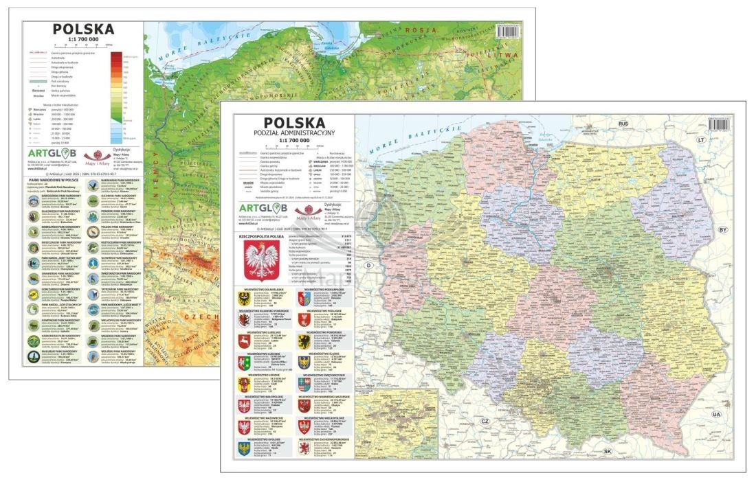 Polska 1:1 700 000. Laminowana, dwustronna podkładka / mapa planszowa. Fizyczna/administracyjna. Wyd. 2026