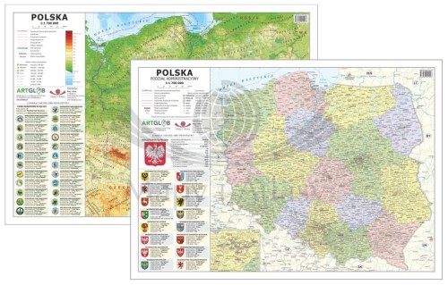 Polska 1:1 700 000. Laminowana, dwustronna podkładka / mapa podręczna. Fizyczna/administracyjna