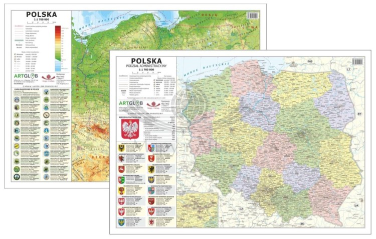 Polska 1:1 700 000. Laminowana, dwustronna podkładka / mapa podręczna. Fizyczna/administracyjna