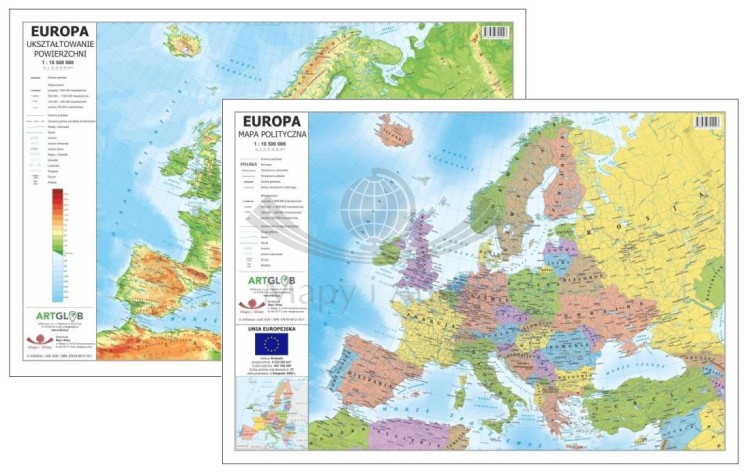 Europa 1:10 500 000. Laminowana, dwustronna podkładka / mapa podręczna. Fizyczna/polityczna