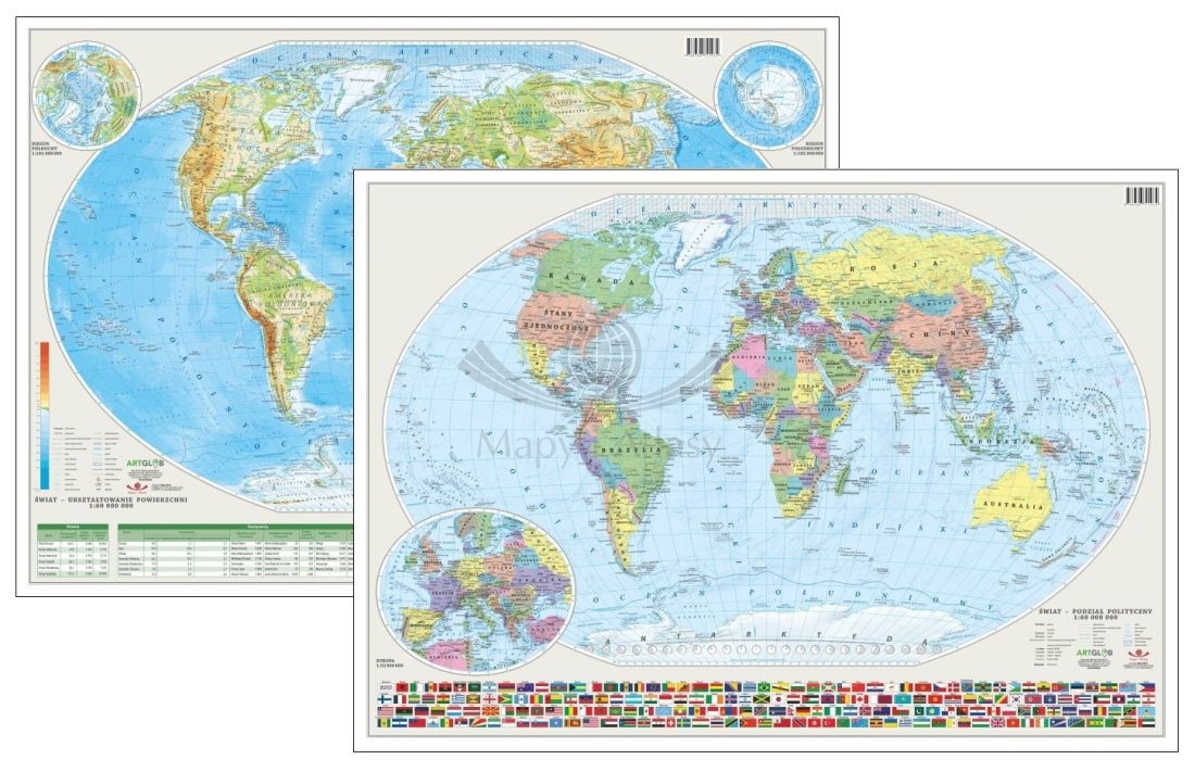 Świat 1:60 000 000. Laminowana, dwustronna podkładka / mapa planszowa. Fizyczna/polityczna. Wyd. 2026