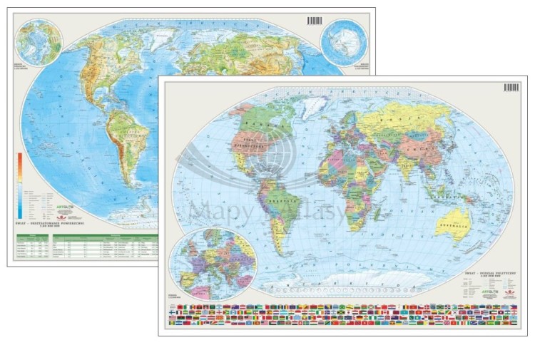 Świat 1:60 000 000. Laminowana, dwustronna podkładka / mapa podręczna. Fizyczna/polityczna