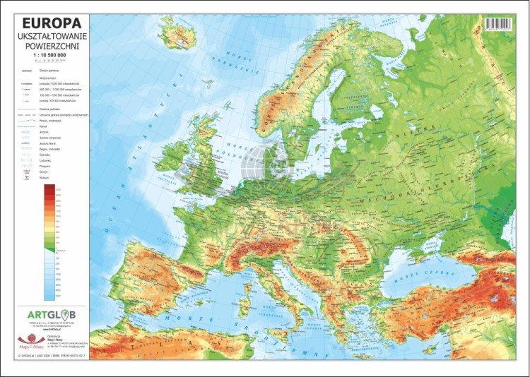 Europa 1:10 500 000. Laminowana, dwustronna podkładka / mapa planszowa. Fizyczna/polityczna. Strona fizyczna