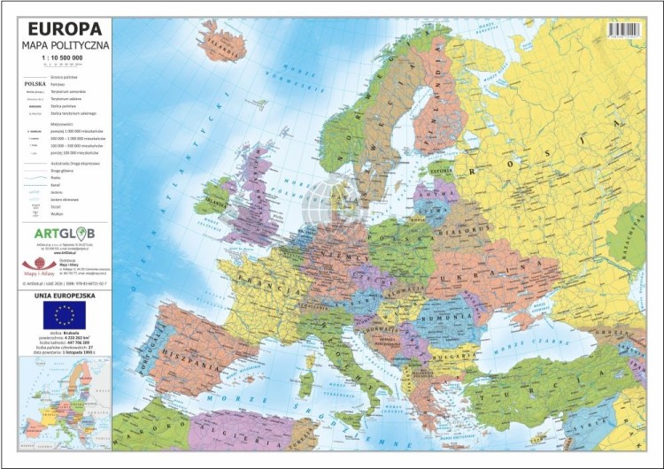Europa 1:10 500 000. Laminowana, dwustronna podkładka / mapa planszowa. Fizyczna/polityczna. Strona polityczna