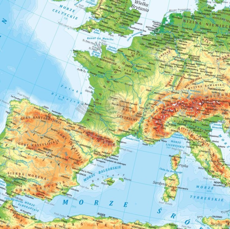 Europa 1:10 500 000. Laminowana, dwustronna podkładka / mapa planszowa. Fizyczna/polityczna. Strona fizyczna - fragment