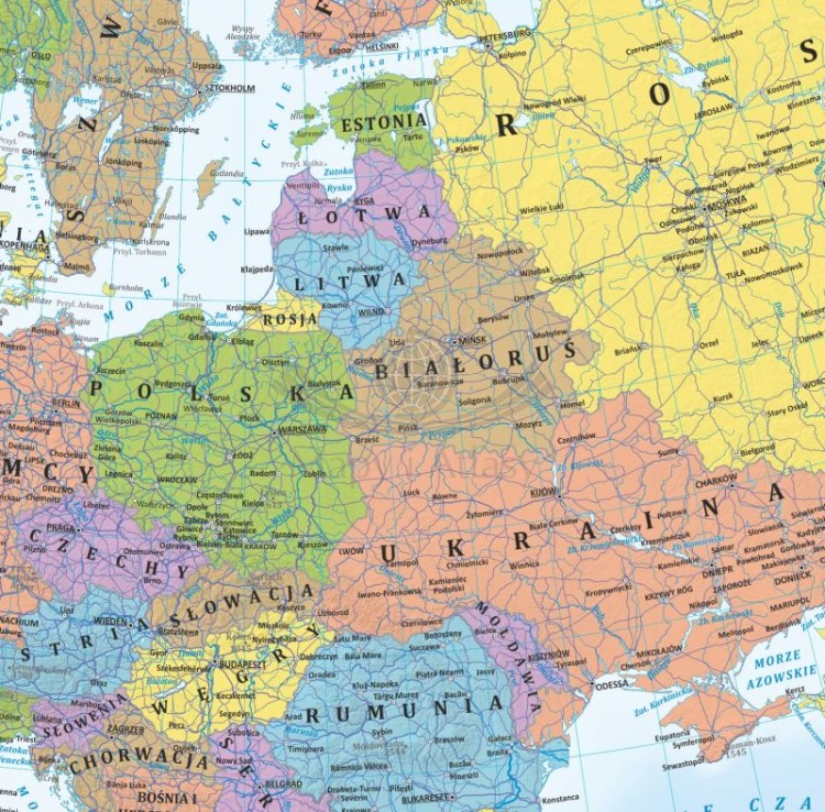 Europa 1:10 500 000. Laminowana, dwustronna podkładka / mapa planszowa. Fizyczna/polityczna. Strona polityczna - fragment