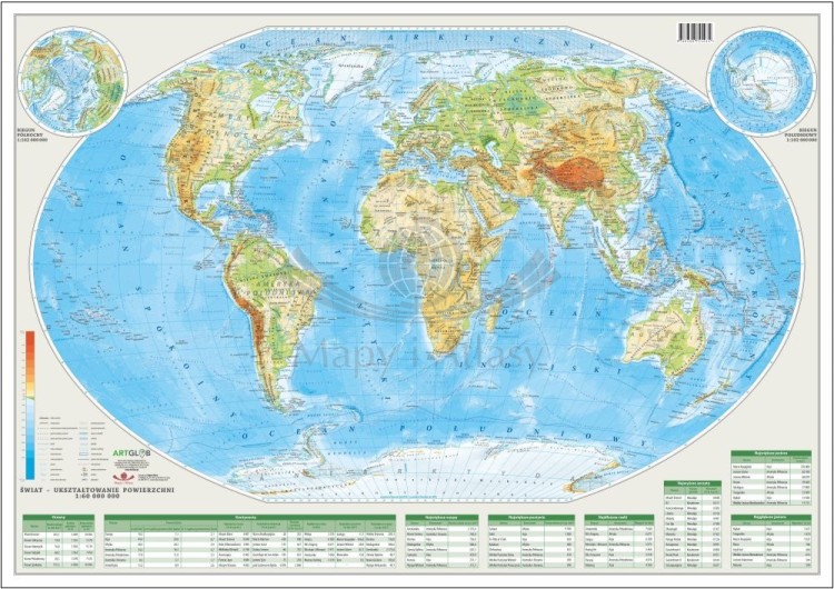 Świat 1:60 000 000. Laminowana, dwustronna podkładka / mapa podręczna. Fizyczna/polityczna. Strona fizyczna
