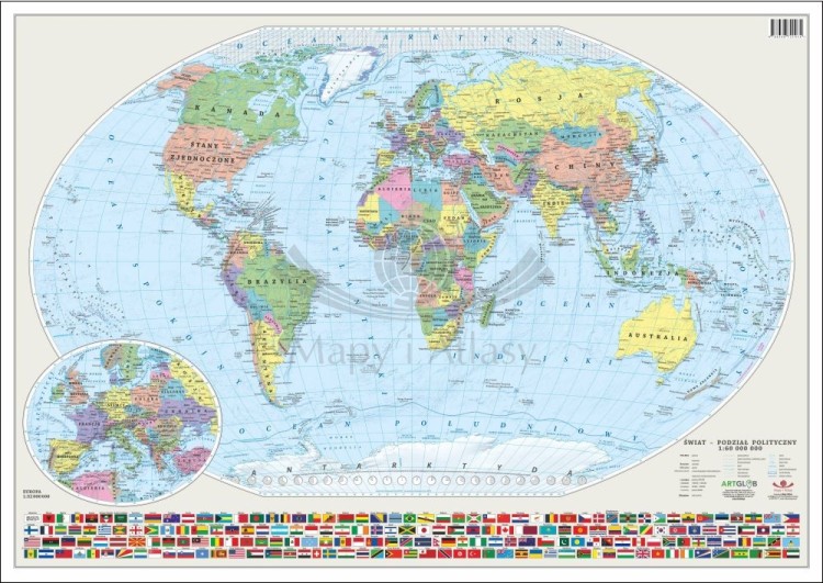Świat 1:60 000 000. Laminowana, dwustronna podkładka / mapa podręczna. Fizyczna/polityczna. Strona polityczna