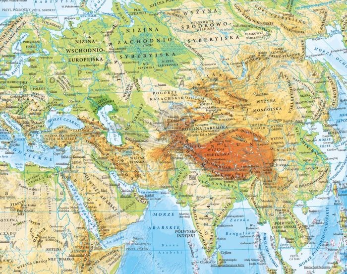 12.jpgŚwiat 1:60 000 000. Laminowana, dwustronna podkładka / mapa podręczna. Fizyczna/polityczna. Strona fizyczna - fragment
