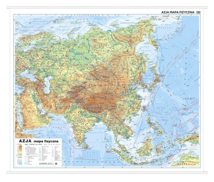Azja 1:8 000 000. Dwustronna mapa ścienna. Polityczna i fizyczna. Strona fizyczna