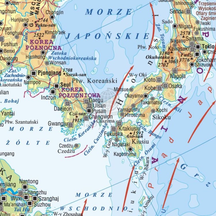 Azja 1:8 000 000. Dwustronna mapa ścienna. Polityczna i fizyczna. Strona fizyczna - fragment