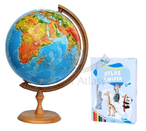Globus fizyczny 32 cm + atlas. Drewniana podstawa