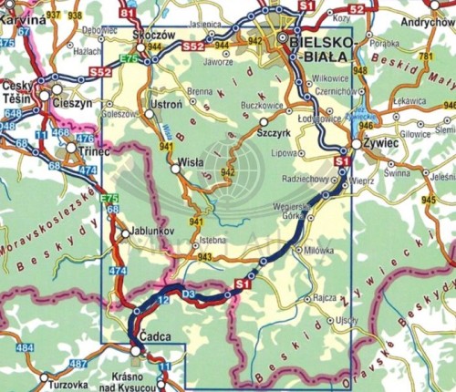 Beskid Śląski i pasmo Wielkiej Raczy 1:50 000. Mapa turystyczna wydawnictwa Compass. Zasięg
