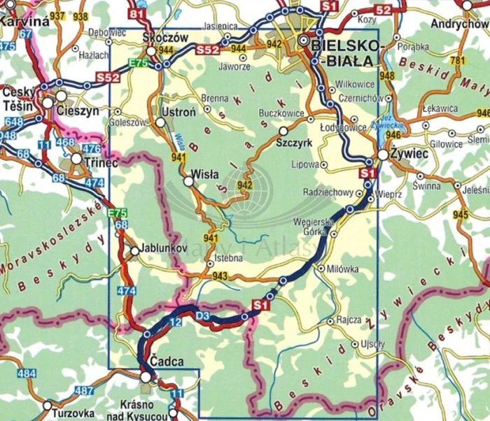 Beskid Śląski i pasmo Wielkiej Raczy 1:50 000. Mapa turystyczna wydawnictwa Compass. Zasięg