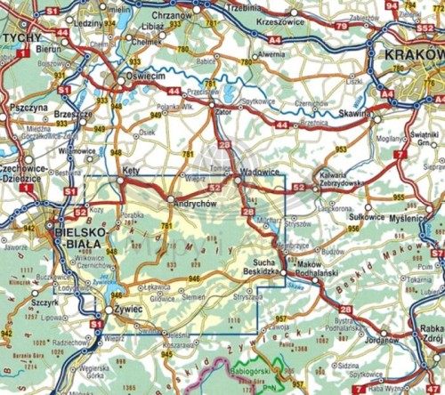 Beskid Mały 1:40 000. Mapa turystyczna wydawnictwa Compass. Zasięg