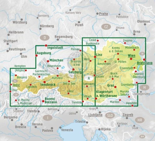 Austria 1:300 000. Mapa samochodowo-turystyczna wydawnictwa Freytag Berndt. Zasięg